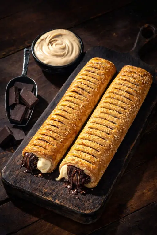 Sesame-topped pastry stick filled with tahini cream and dark chocolate, ready to bake from frozen.
