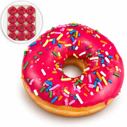Ring doughnut with pink glaze and rainbow sprinkles. RBJ brand.