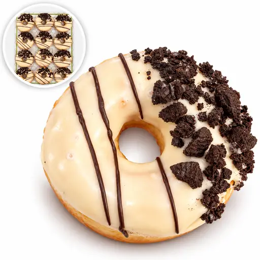 Ring doughnut with white glaze, chocolate drizzle and crushed chocolate cookie pieces. RBJ brand.