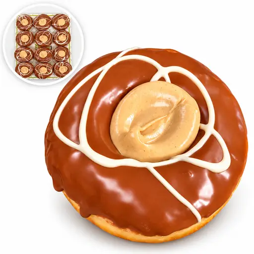 Doughnut with milk chocolate glaze, white drizzle and hazelnut cream piped in the centre. RBJ brand.