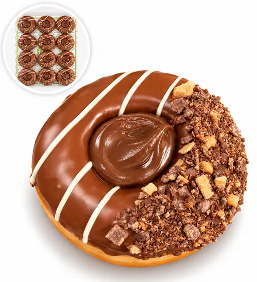 Doughnut with milk chocolate glaze, white drizzle, chocolate pieces and chocolate hazelnut spread piped in the centre. RBJ brand.