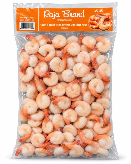 Cooked, peeled and deveined king prawns, tail-on, grade 41/50, frozen. Raja Brand.