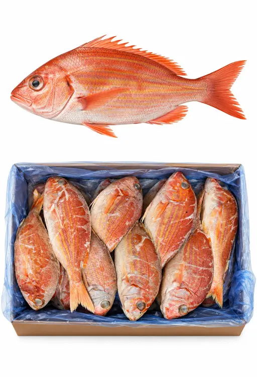 Whole red snapper, grade 300/500 g, frozen, loose pack.