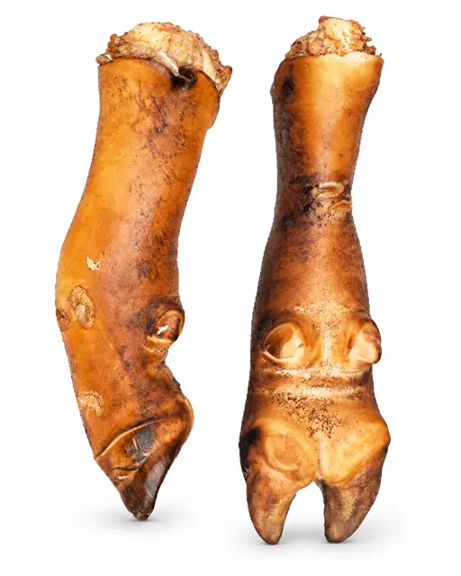 Singed whole beef feet, loose pack, frozen.