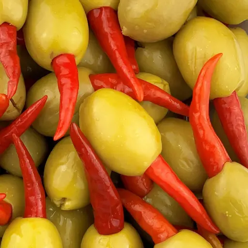 Green olives stuffed with whole red piri piri chillies.