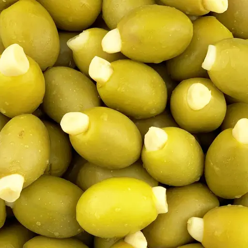 Green olives stuffed with garlic cloves.